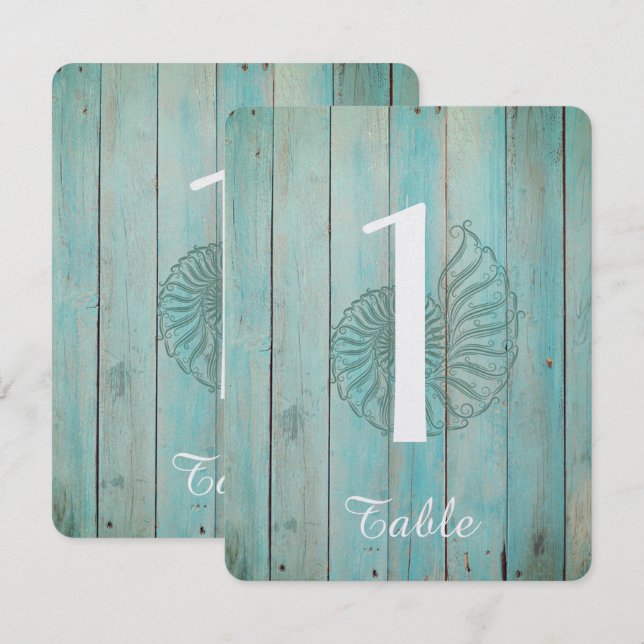 Coquillage bleu sur numéro de table de mariage en  (Devant / Derrière)