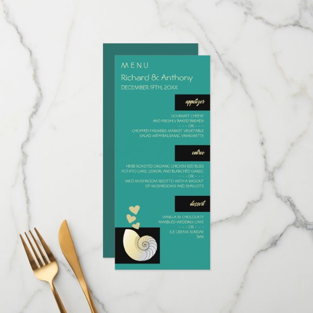 Coquillage et Coeurs, Menu Mariage plage (Devant/Arrière en situation)