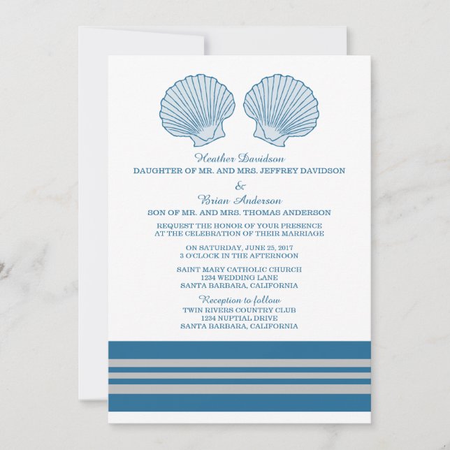 Coquillages bleu gris marine Mariage Invitation (Devant)