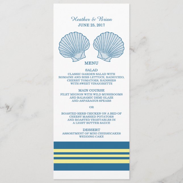 Coquillages bleu-jaune marine Menu Mariage (Devant)