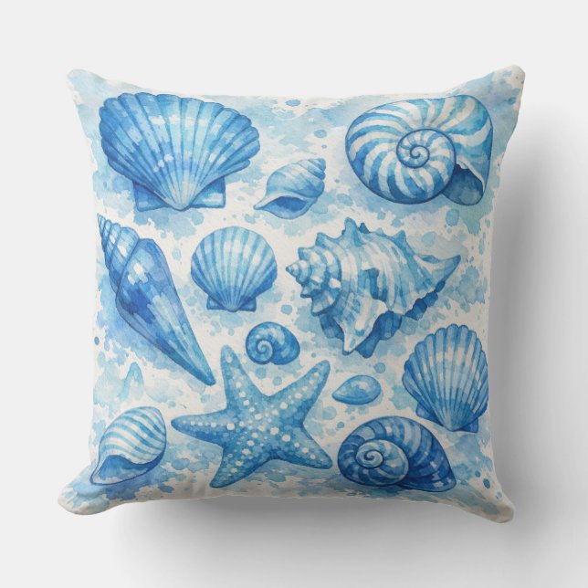 Coquillages bleus. Thème nautique. Coussin décorat (Recto)