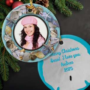 Coquillages, cadre photo bleu Ornement de Noël