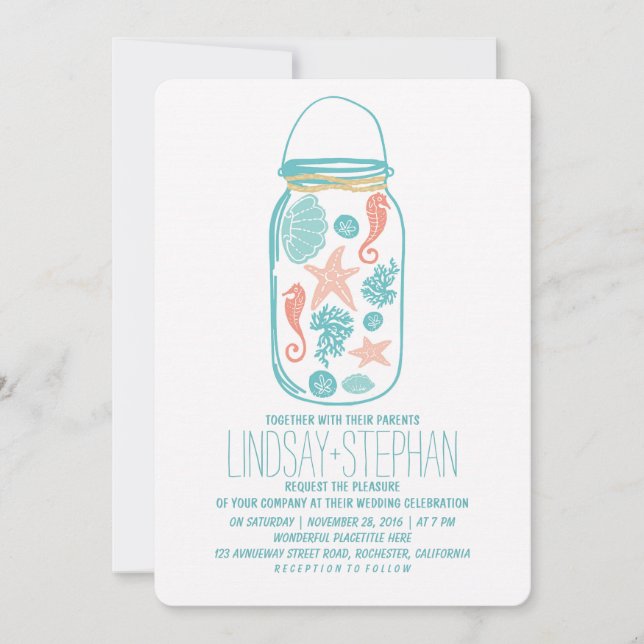 Coquillages mason jar plage invitations mariage (Devant)