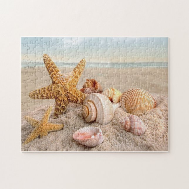 Coquillages sur un puzzle de plage de sable blanc (Horizontal)