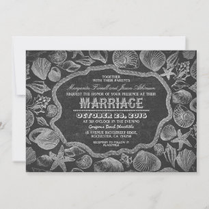 Coquillages vintages noir plage mariage invitation