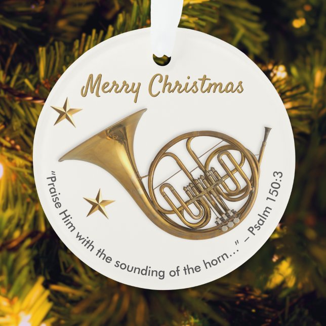 Cor d'harmonie élégant avec Psaume 150:3 Noël (A festive ornament with French horn picture, Merry Christmas greeting, Bible quote and custom text)