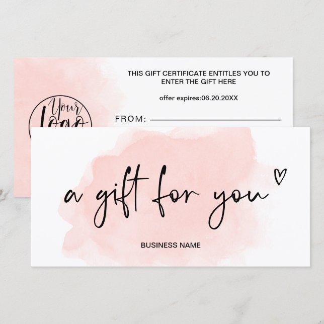 Corail aquarelle logo de coeur certificat cadeau (Devant / Derrière)
