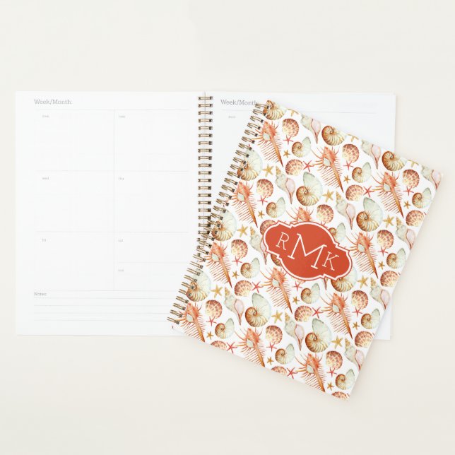 Corail avec coquilles et crabes Motif | Monogramme (Devant avec enveloppe)