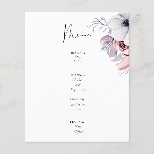 Corail bleu Dusty Floral Script Mariage Menu Budge (Devant)
