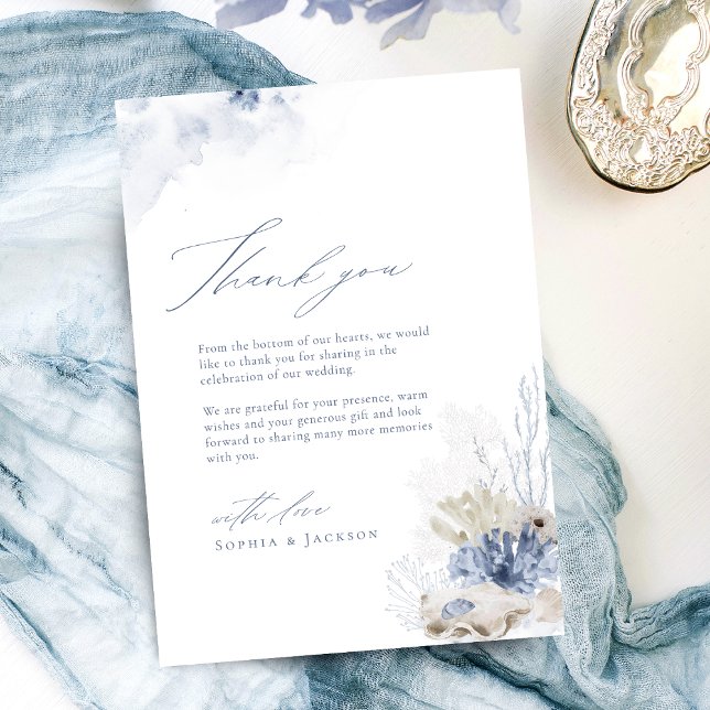 Corail bleu et coquillages plage Merci thématique (Blue coral & seashells beach themed Thank You)