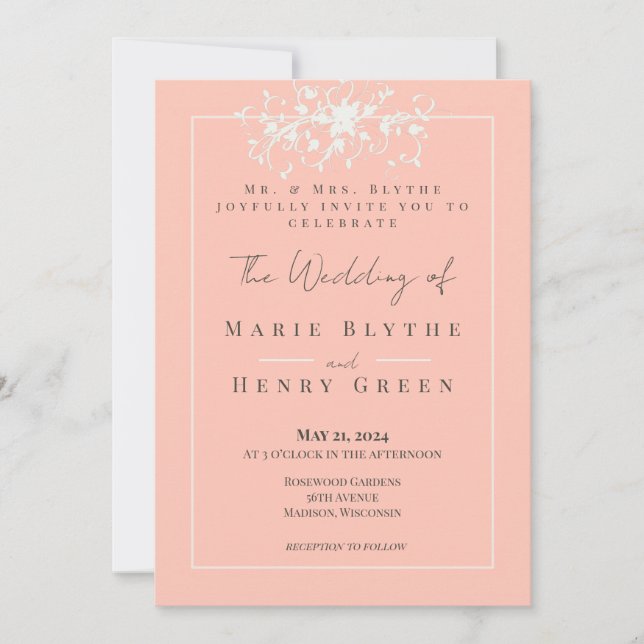 Corail & Crème Filigree Élégant mariage Invitation (Devant)