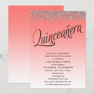 Corail et argent Quinceanera Invitation d'annivers