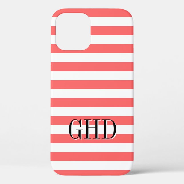 Corail et blanc rayé monogramme iPhone 12 coque (Verso)