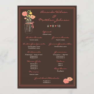 Corail et Brown Mason Jar Wedding Programme de mar