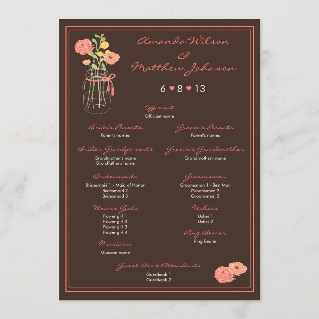 Corail et Brown Mason Jar Wedding Programme de mar (Devant)