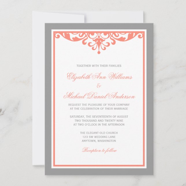 Corail et invitations grises de mariage de (Devant)