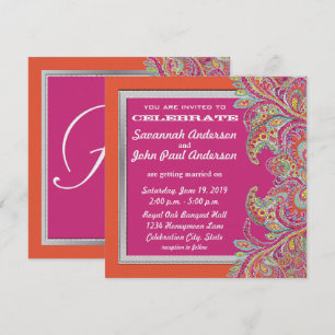 Corail et rose Paisley Peacock Invitations de mari