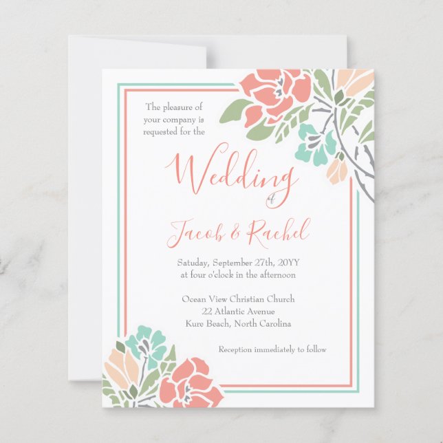 Corail floral Faire-part de mariage Turquoise (Devant)
