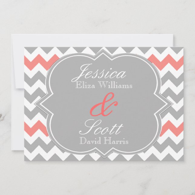 Corail gris Chevron Faire-part de mariage (Devant)