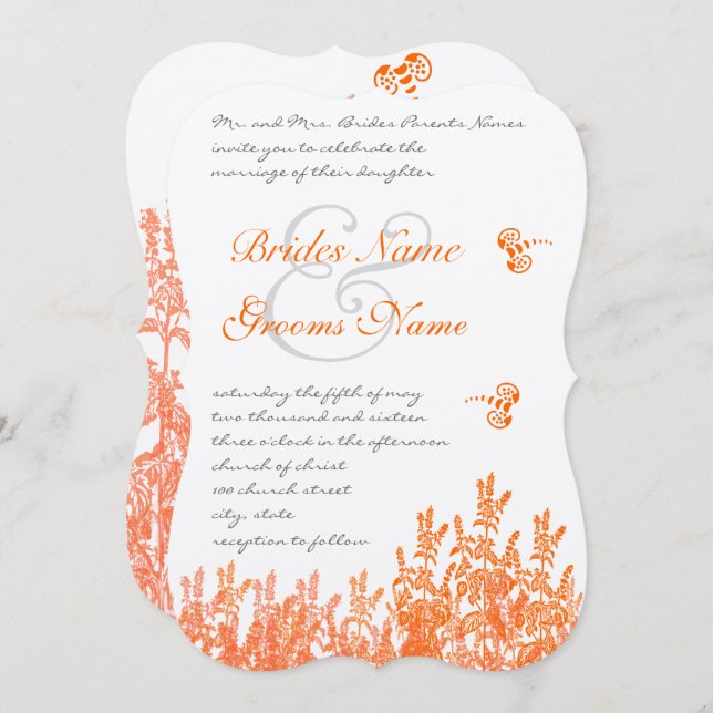Corail & Gris Fleur Papillon Mariage Invitations (Devant / Derrière)