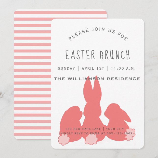 Corail mignon Bunnies Pâques | Brunch Invitation (Devant / Derrière)