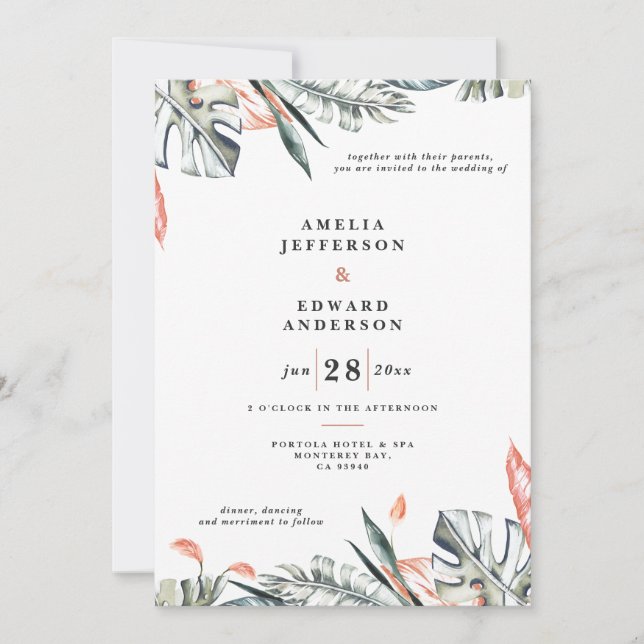 Corail rose et feuille tropicale mariage (Devant)