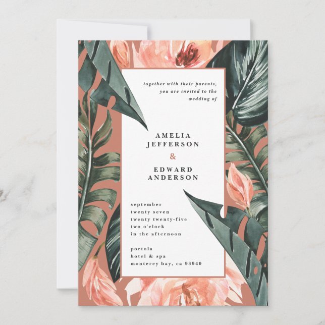 Corail rose et feuille tropicale mariage (Devant)