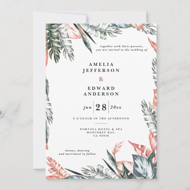 Corail rose et feuille tropicale mariage (Devant)