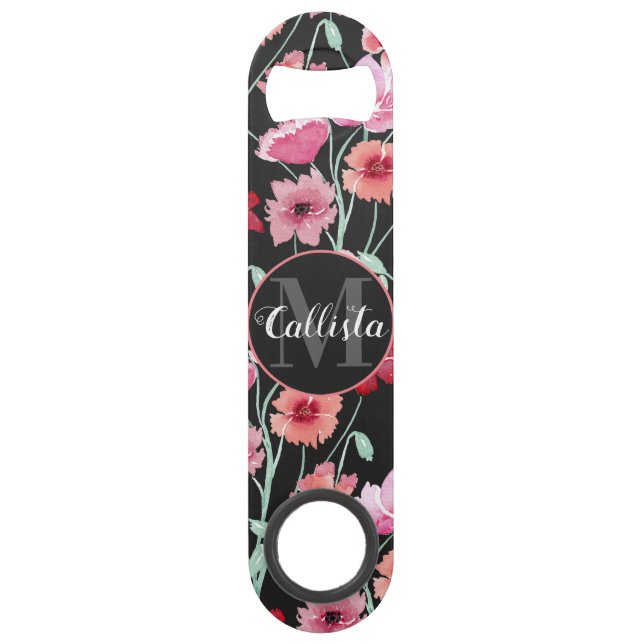 Corail rouge rose noir Fleurs d'aquarelle Monogram (Devant)