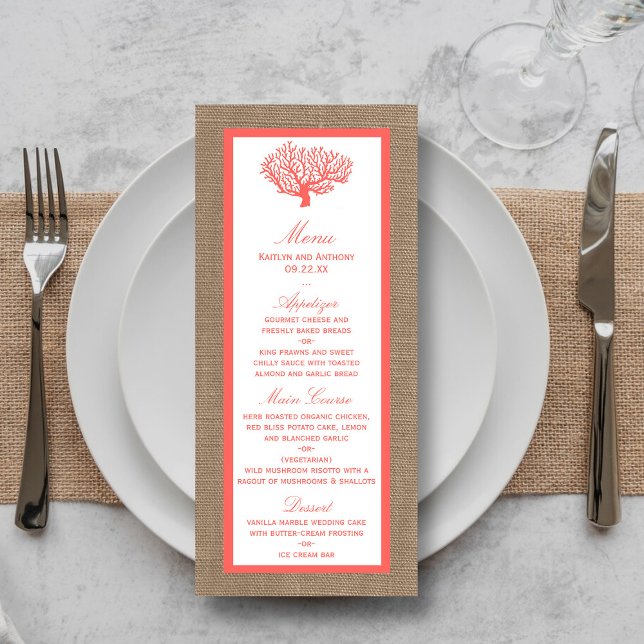 Corail Sur Burlap Boho Beach Wedding Menu (Créateur téléchargé)