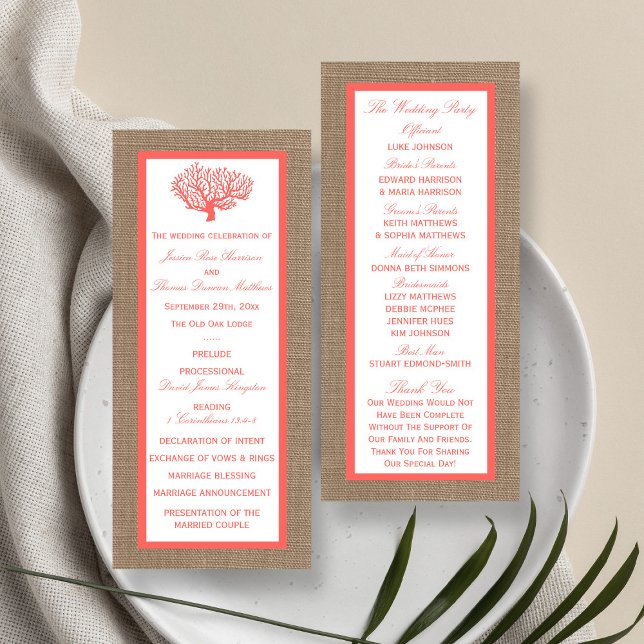 Corail Sur Burlap Boho Beach Wedding Programme (Créateur téléchargé)