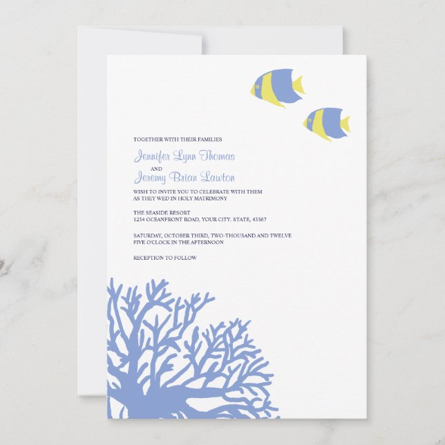 Corail tropical bleu et jaune Faire-part de mariag (Devant)