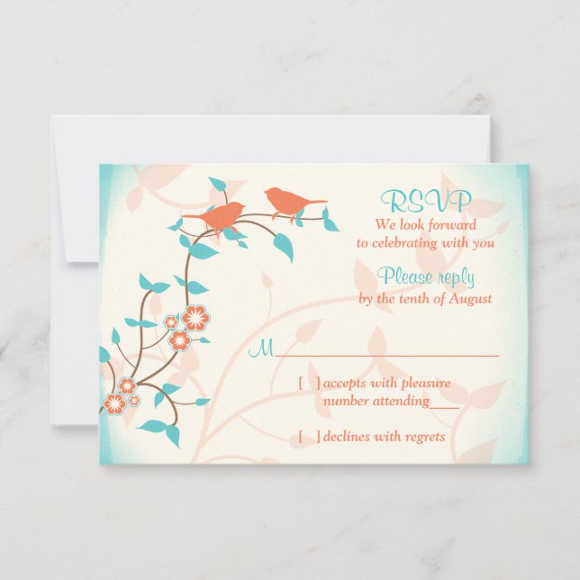 Corail Turquoise Oiseaux Feuille Mariage RSVP Répo (Devant)