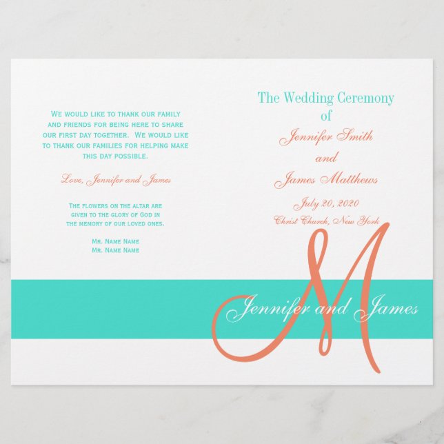 Corail Turquoise Programme de mariage moderne (Devant)