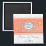 Coral, Aqua, and Gray Damask Wedding Favor Magnet<br><div class="desc">This coral,  aqua,  white,  and gray damask wedding favor thank you magnet matches the wedding invitation and other items shown below. If you rquire any other matching products,  please email niteowlstudio@gmail.com.</div>