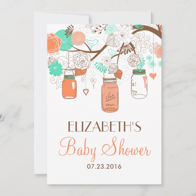 Coral & Aqua Mason Jarres Baby shower Invitation (Devant)