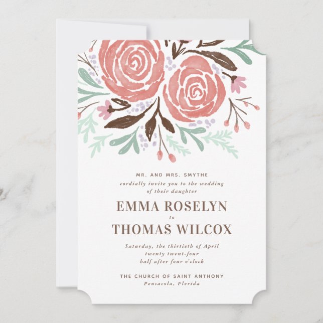 Coral Aquarelle Rose Faire-part de mariage floral (Devant)