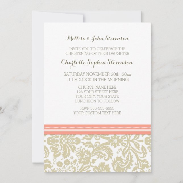 Coral Beige Damask Christening Invitation (Dos)