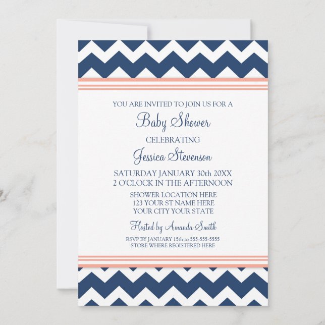 Coral Blue Chevron Custom Baby Shower Invitations (Dos)