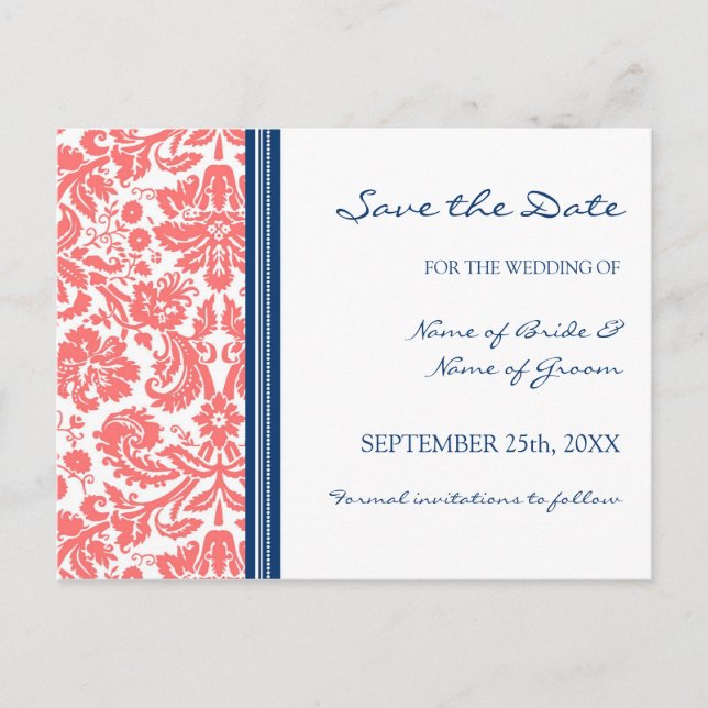 Coral Blue Damask Enregistrer la date Carte postal (Devant)