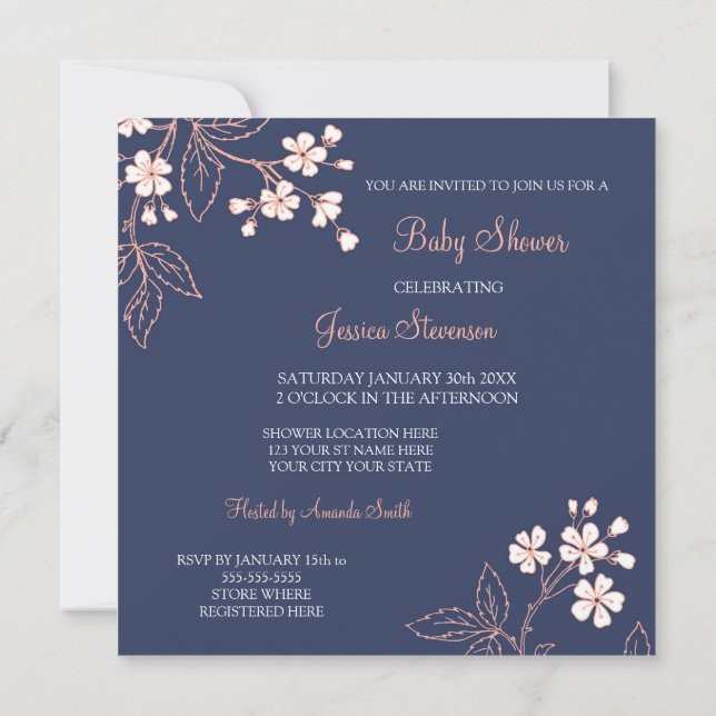 Coral Blue Floral Custom Baby Shower Invitations (Dos)