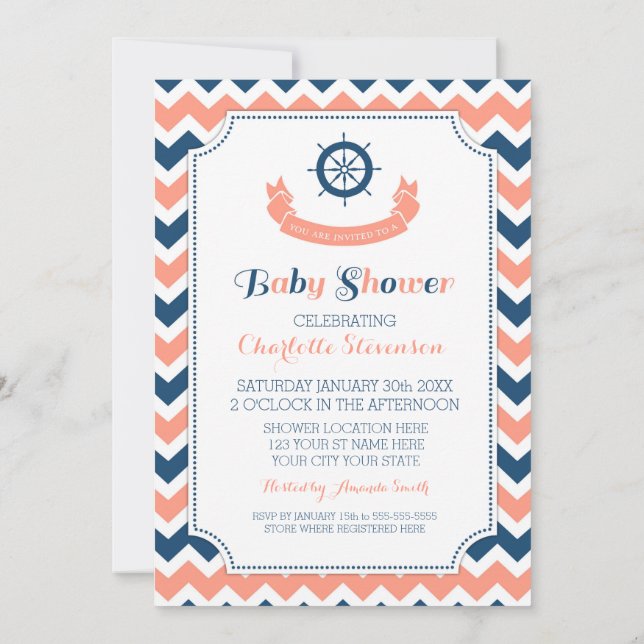 Coral Blue Nautical Custom Baby Shower Invitations (Dos)
