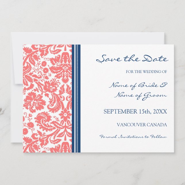 Coral Blue Wedding Enregistrer la carte Date (Devant)