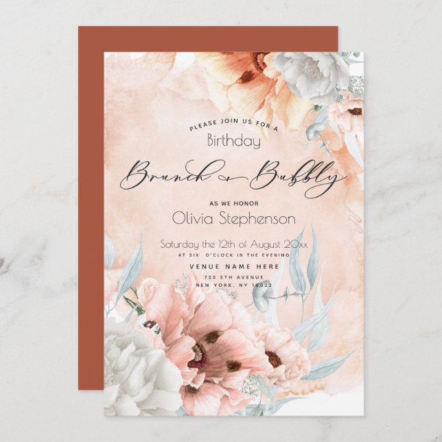 Coral Blush Brunch Bubbly Invitation d'anniversair (Devant / Derrière)