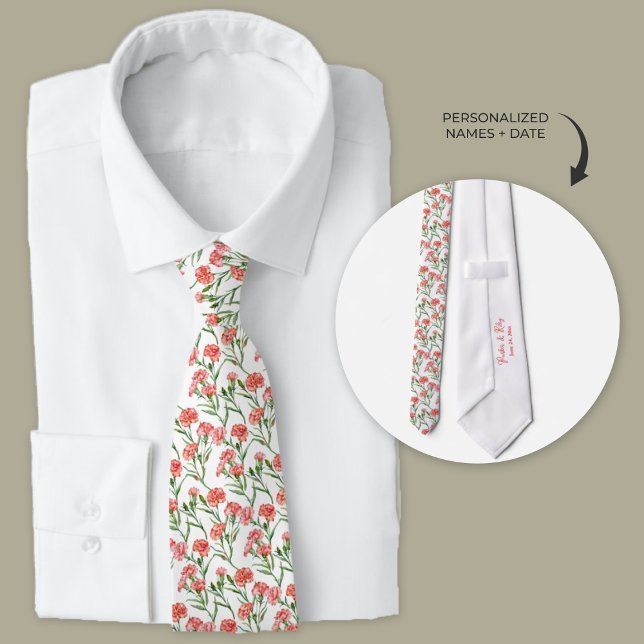 Coral Carnation Cravate (Classic pink carnation pattern on white personalized wedding necktie.)
