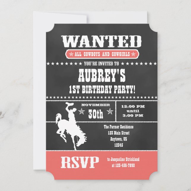Coral Chalkboard Cowboy Invitation d'anniversaire (Devant)