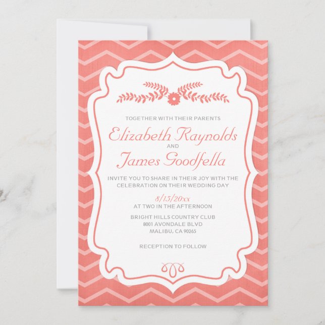 Coral Chevron Stripes Mariage Invitations (Devant)