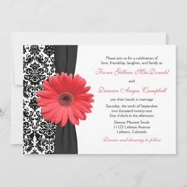 Coral Daisy Black White Mariage damassé Invitation (Devant)