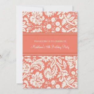 Coral Damask 75th Birthday Party Invitations