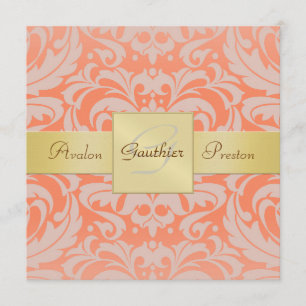 Coral Damask Monogramme Gold Ribbon Invitation